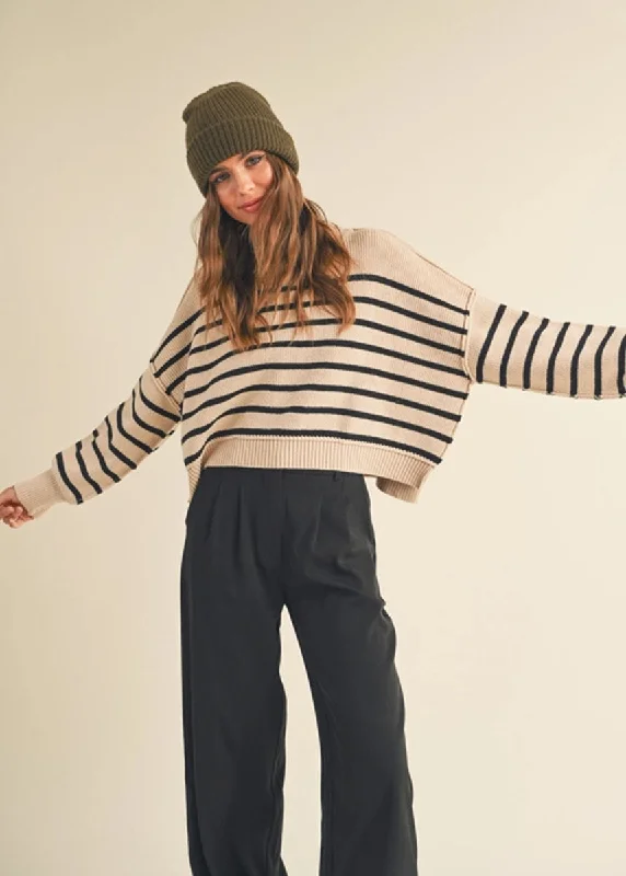 Sleeveless Women's Silk - Trimmed Sweaters for SummerMary Striped Mock Neck Sweater - Tan & Black Sleeveless Women's Silk - Trimmed Sweaters for SummerMary Striped Mock Neck Sweater - Tan & Black