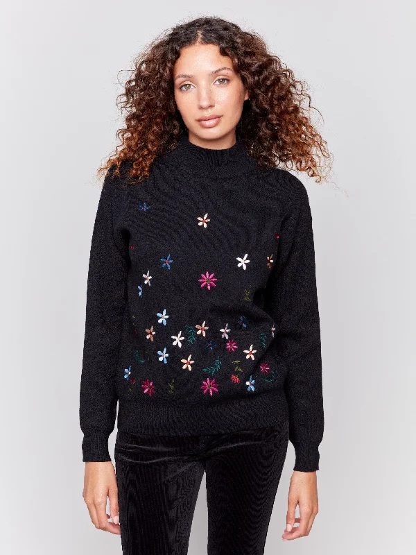 High - Low Hem Women's Cashmere - Blended SweatersMock Neck Sweater with Embroidered Flowers - Black High - Low Hem Women's Cashmere - Blended SweatersMock Neck Sweater with Embroidered Flowers - Black