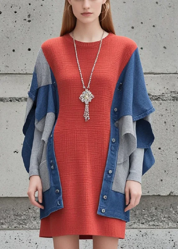 Sleeveless Women's Silk Blend Sweater Dresses for a Sophisticated LookModern Red Oversized Patchwork Knit Fake Two Piece Dress Fall Sleeveless Women's Silk Blend Sweater Dresses for a Sophisticated LookModern Red Oversized Patchwork Knit Fake Two Piece Dress Fall