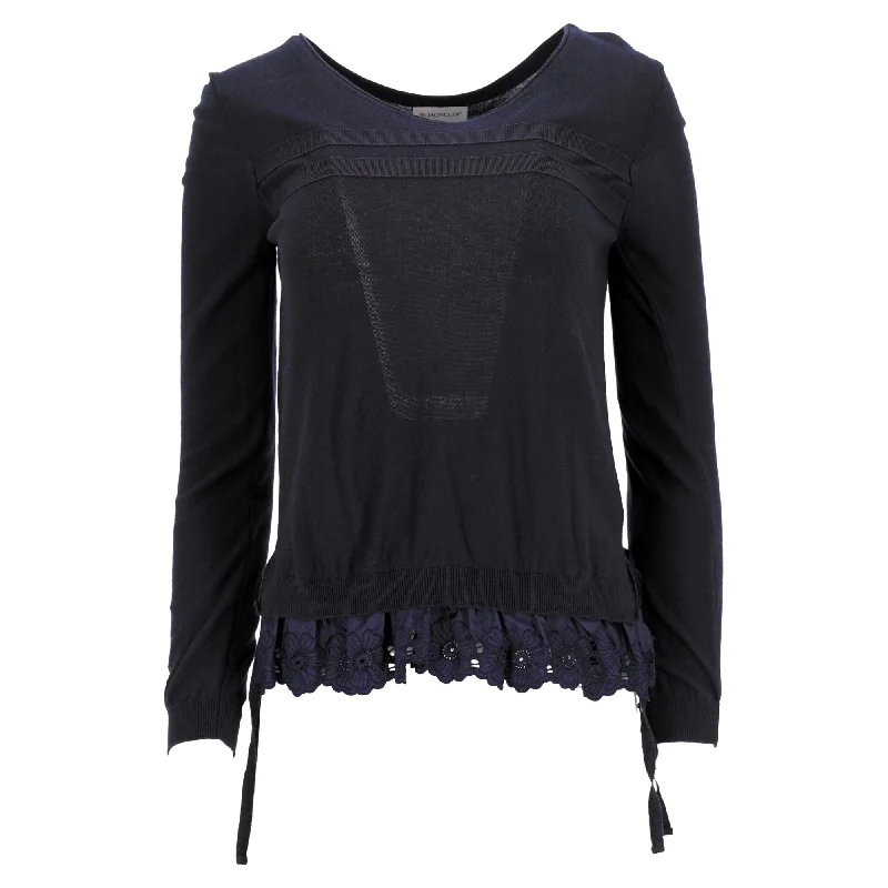 Moncler Floral Lace Trim Round Neck Sweater in Navy Blue Wool