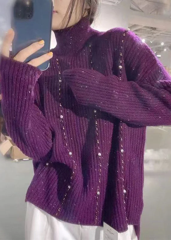 Mock Neck Women's Alpaca Wool Sweaters in Earth TonesNew Purple Turtleneck Nail Bead Patchwork Knit Sweaters Long Sleeve Mock Neck Women's Alpaca Wool Sweaters in Earth TonesNew Purple Turtleneck Nail Bead Patchwork Knit Sweaters Long Sleeve