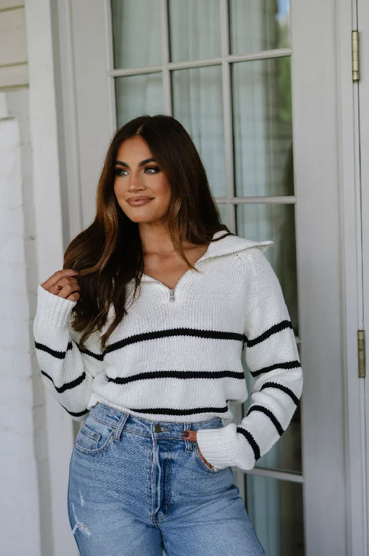 Plus Size Women's Belted Cable Knit SweatersOdette Quarter Zip Sweater- Ivory/Black