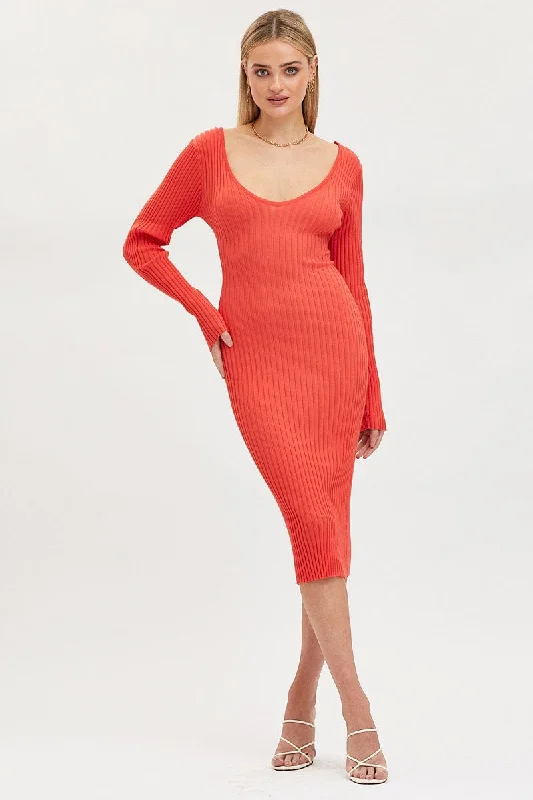 Plus Size Women's Fit - and - Flare Sweater Dresses with Ruffled HemOrange Knit Dress Evening Midi Plus Size Women's Fit - and - Flare Sweater Dresses with Ruffled HemOrange Knit Dress Evening Midi