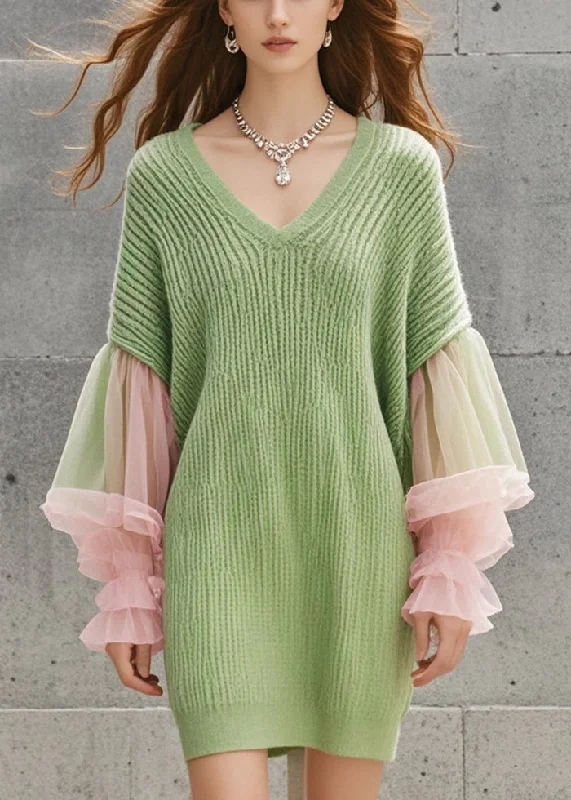 Women's Off - Shoulder Chunky Knit Sweater Dresses in Earth TonesOrganic Grass Green V Neck Patchwork Tulle Knit Dress Lantern Sleeve Women's Off - Shoulder Chunky Knit Sweater Dresses in Earth TonesOrganic Grass Green V Neck Patchwork Tulle Knit Dress Lantern Sleeve