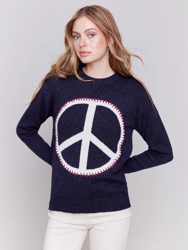 Women's Long Sleeve Turtleneck Cashmere SweatersPeace Sign Sweater - Navy