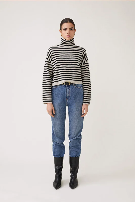 V - Neck Women's Ribbed Wool Sweaters for FallPERALI STRIPE TURTLENECK