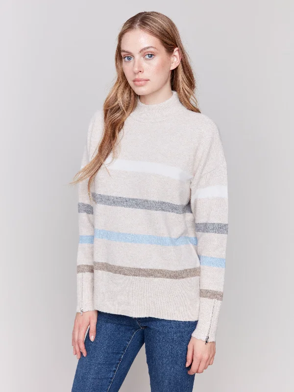 Open - Front Women's Cardigan - Style Mohair SweatersPrinted Mock Neck Sweater with Sleeve Zippers - Beige Open - Front Women's Cardigan - Style Mohair SweatersPrinted Mock Neck Sweater with Sleeve Zippers - Beige