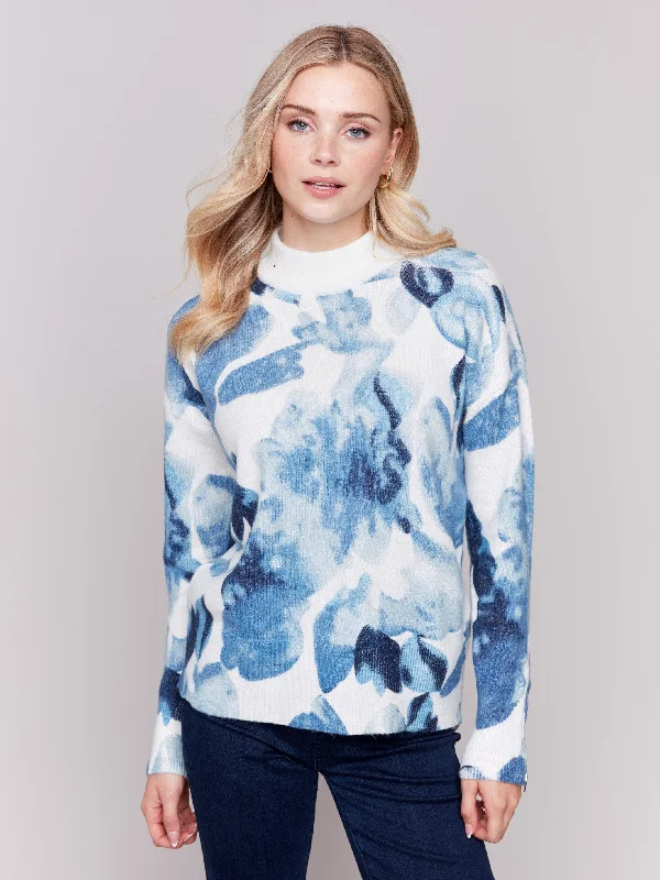 Split - Hem Women's Linen Blend Sweaters for SpringPrinted Mock Neck Sweater with Sleeve Zippers - Navy Storm Split - Hem Women's Linen Blend Sweaters for SpringPrinted Mock Neck Sweater with Sleeve Zippers - Navy Storm