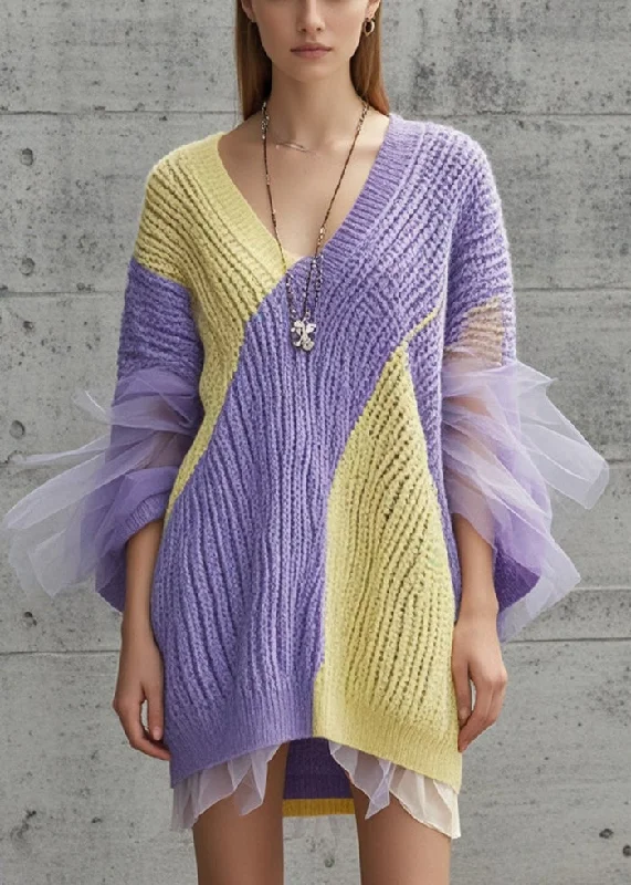 Short Sleeve Women's Cashmere Sweater Dresses in Pastel HuesPurple Patchwork Tulle Sweater Dress V Neck Fall Short Sleeve Women's Cashmere Sweater Dresses in Pastel HuesPurple Patchwork Tulle Sweater Dress V Neck Fall