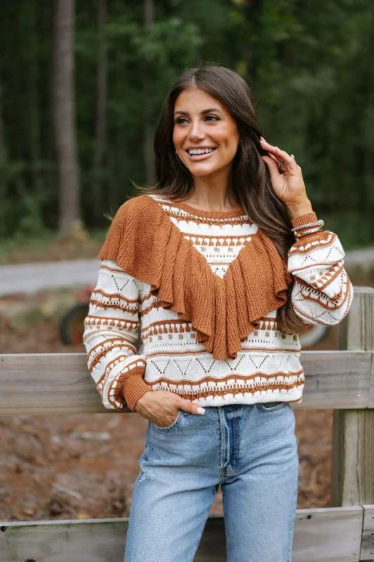 Ruffle Mix Sweater-Chestnut