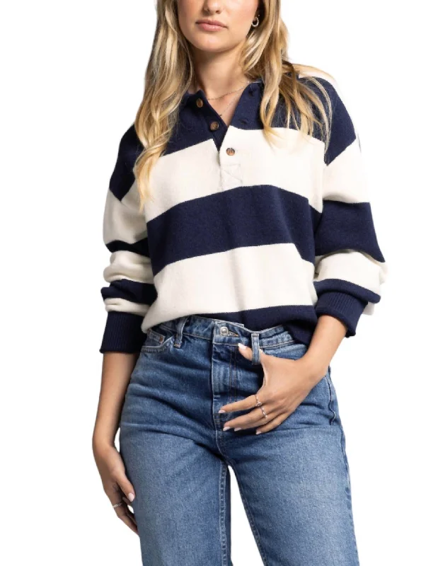 V - Neck Women's Ribbed Sweater Dresses with Belt for a Defined WaistRugby Sweater In Ivory/navy V - Neck Women's Ribbed Sweater Dresses with Belt for a Defined WaistRugby Sweater In Ivory/navy
