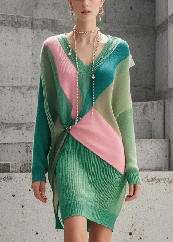 Plus Size Women's Asymmetric Hem Sweater Dresses in Modern DesignsSilm Fit Green Asymmetrical Patchwork Knitwear Dress Fall