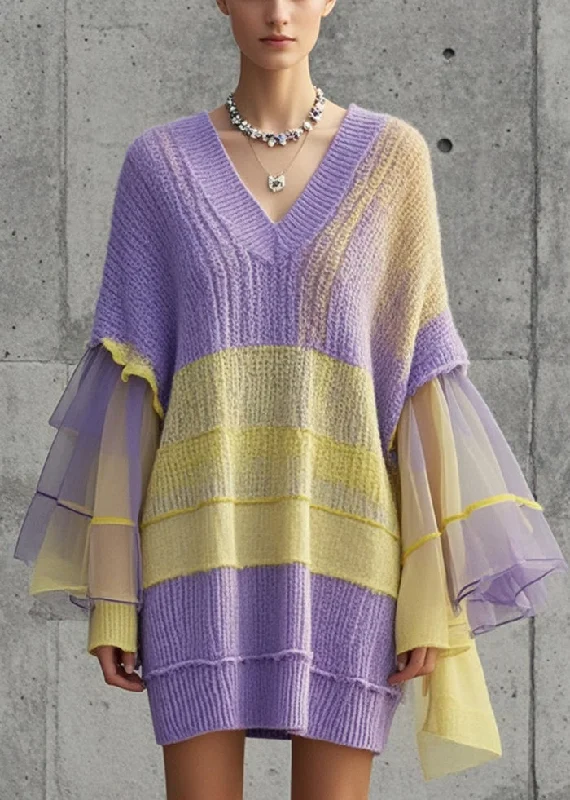 Cowl Neck Women's Cashmere Blend Sweater Dresses for WinterSimple Purple V Neck Patchwork Tulle Sweater Dress Fall Cowl Neck Women's Cashmere Blend Sweater Dresses for WinterSimple Purple V Neck Patchwork Tulle Sweater Dress Fall