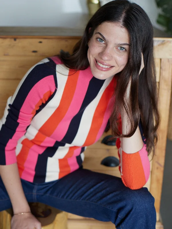 Sleeveless Women's Silk - Trimmed Sweaters for SummerSTRIPE MOCK NECK