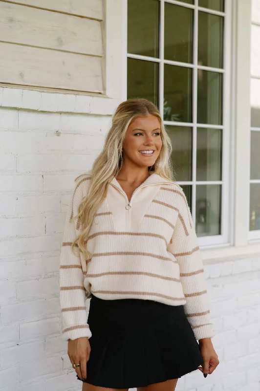 Stripe Quarter Zip Sweater-Cream