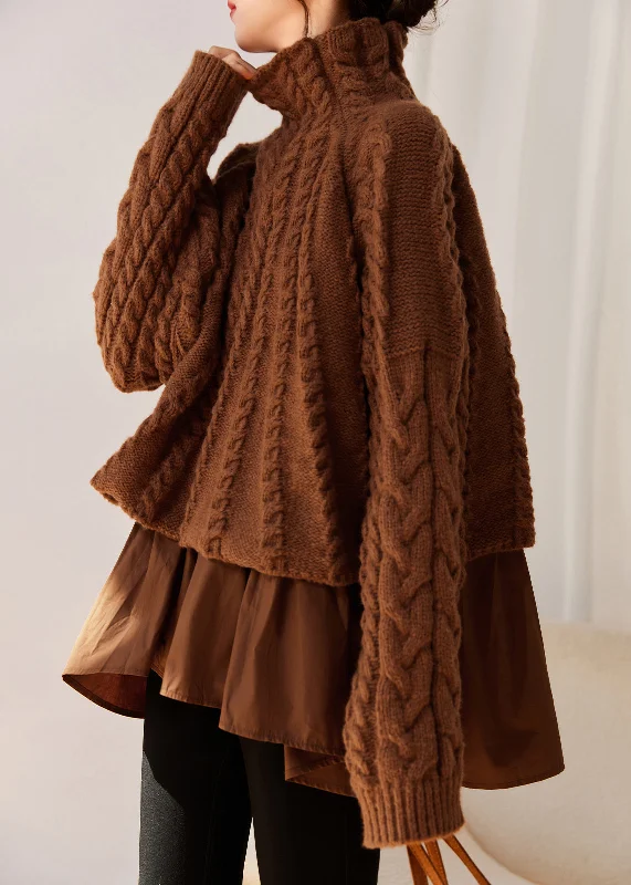 Hooded Women's Fleece - Lined Sweaters for WinterStyle Caramel Hign Neck False Two Pieces Knit Sweaters Winter Hooded Women's Fleece - Lined Sweaters for WinterStyle Caramel Hign Neck False Two Pieces Knit Sweaters Winter