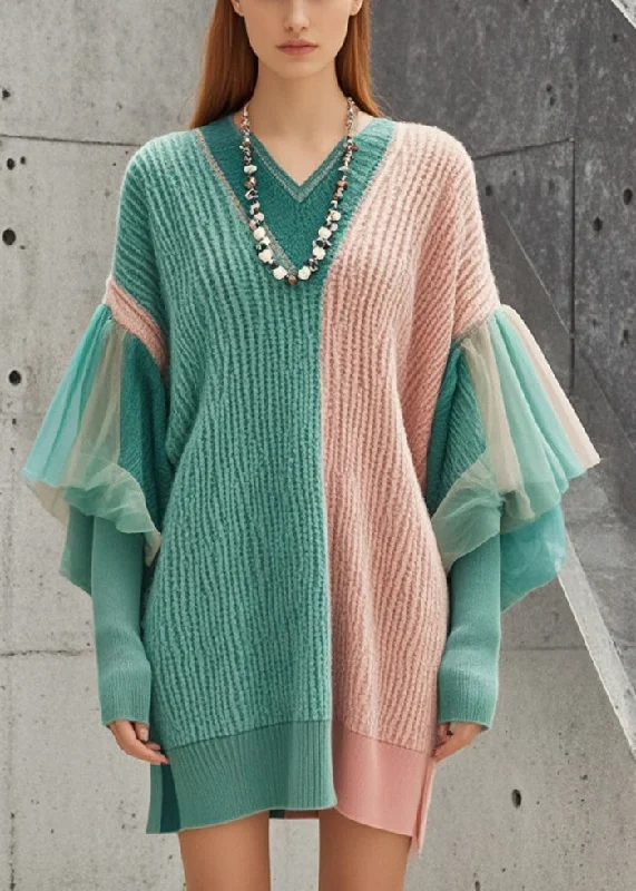 Plus Size Women's Fit - and - Flare Sweater Dresses with Ruffled HemStyle Colorblock Oversized Patchwork Side Open Tulle Sweater Dress Fall Plus Size Women's Fit - and - Flare Sweater Dresses with Ruffled HemStyle Colorblock Oversized Patchwork Side Open Tulle Sweater Dress Fall