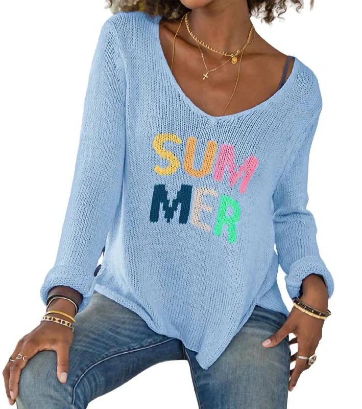 Plus Size Women's Tunic - Style Sweater Dresses with PocketsSummer V Neck Sweater In Blue Plus Size Women's Tunic - Style Sweater Dresses with PocketsSummer V Neck Sweater In Blue