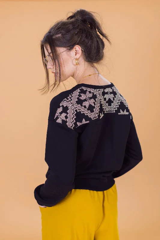 Bell - Sleeve Women's Mohair - Wool Blend SweatersSweater Merlin Black Embroidered