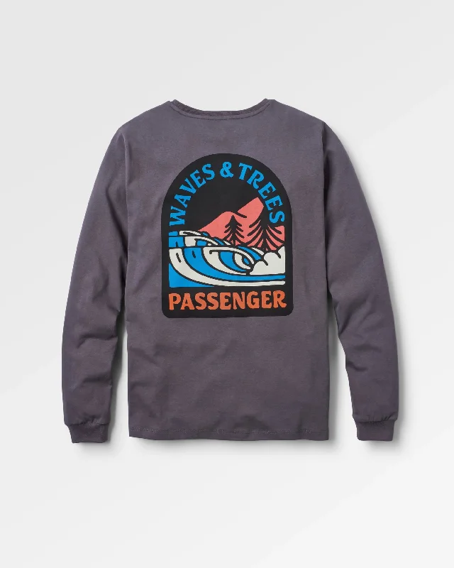 Distressed Women T Shirt with a Laid - Back AestheticWaves & Trees Recycled LS T-Shirt - Charcoal Distressed Women T Shirt with a Laid - Back AestheticWaves & Trees Recycled LS T-Shirt - Charcoal