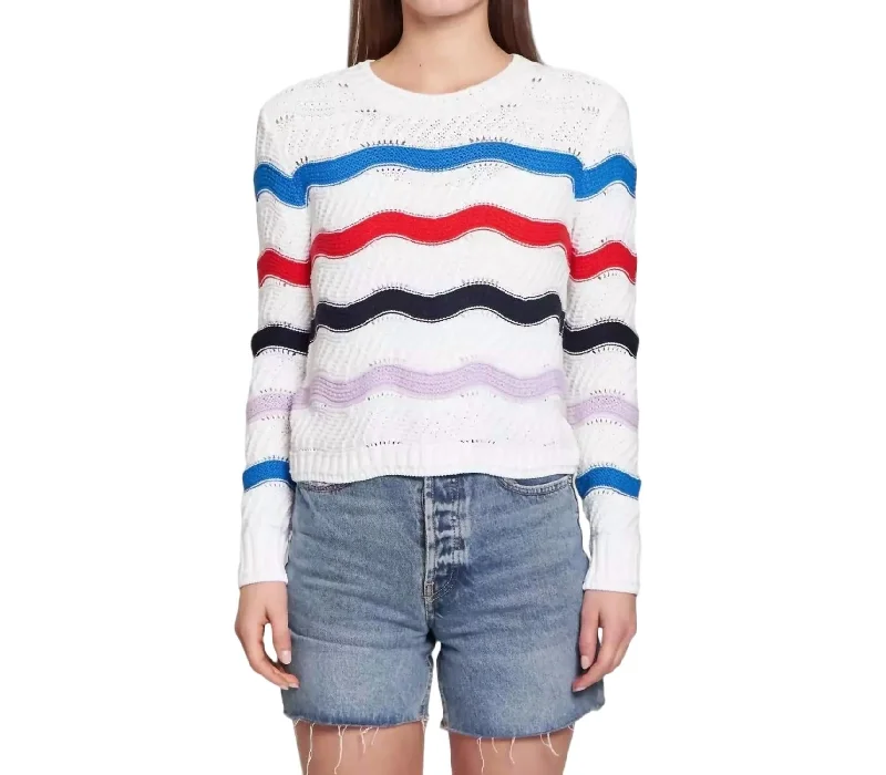 Plus Size Women's Side - Slit Sweaters in Bold SolidsWavy Stripe Crew Sweater In White/bright Plus Size Women's Side - Slit Sweaters in Bold SolidsWavy Stripe Crew Sweater In White/bright