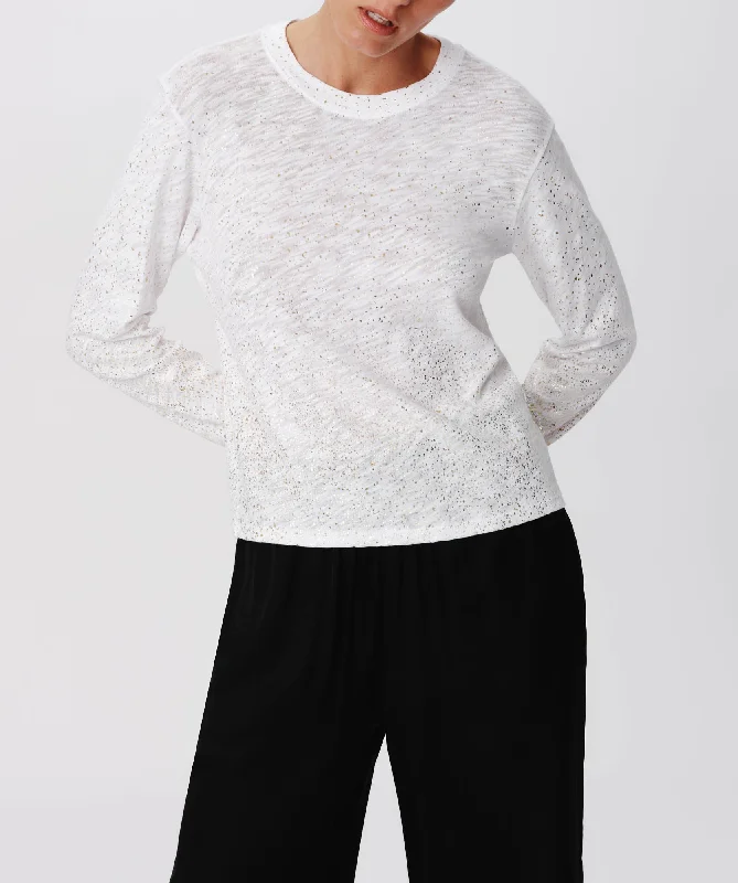 V - Neck Women T Shirt to Enhance the NecklineSlub Jersey with Foil Long Sleeve Crop Tee - White-Gold V - Neck Women T Shirt to Enhance the NecklineSlub Jersey with Foil Long Sleeve Crop Tee - White-Gold