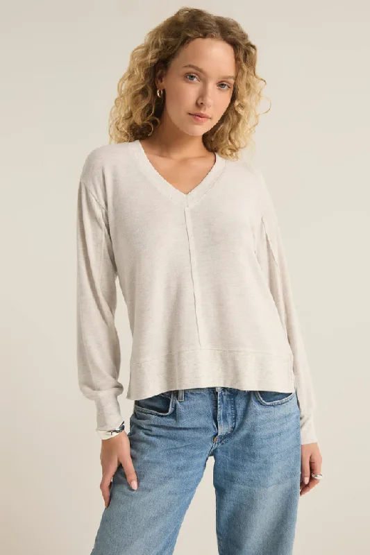 High - Low Hem Women's Cashmere - Blended SweatersWilder Cloud V Neck Sweater in Light Oatmeal by Z Supply High - Low Hem Women's Cashmere - Blended SweatersWilder Cloud V Neck Sweater in Light Oatmeal by Z Supply