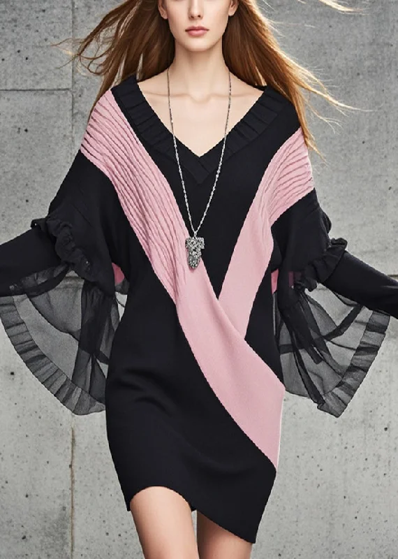 Mini - Length Women's Chunky Knit Sweater Dresses in Bold HuesWomen Black V Neck Patchwork Tulle Knit Sweater Dress Fall Mini - Length Women's Chunky Knit Sweater Dresses in Bold HuesWomen Black V Neck Patchwork Tulle Knit Sweater Dress Fall