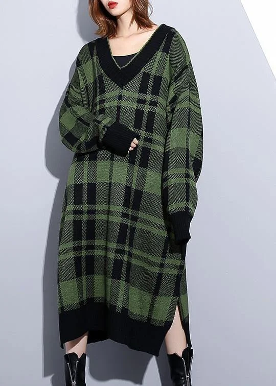 Knee - Length Women's Wool Blend Sweater Dresses in Neutral ColorsWomen green plaid Cotton Long Shirts side open daily v neck Dress Knee - Length Women's Wool Blend Sweater Dresses in Neutral ColorsWomen green plaid Cotton Long Shirts side open daily v neck Dress