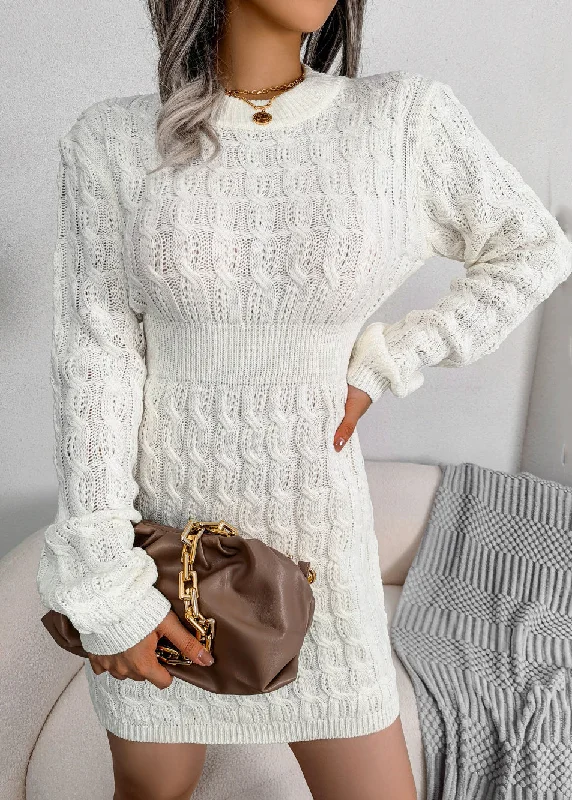 Midi - Length Women's Shetland Wool Sweater Dresses in Traditional PatternsWomen White O Neck Slim Fit Knit Sweater Dress Fall Midi - Length Women's Shetland Wool Sweater Dresses in Traditional PatternsWomen White O Neck Slim Fit Knit Sweater Dress Fall