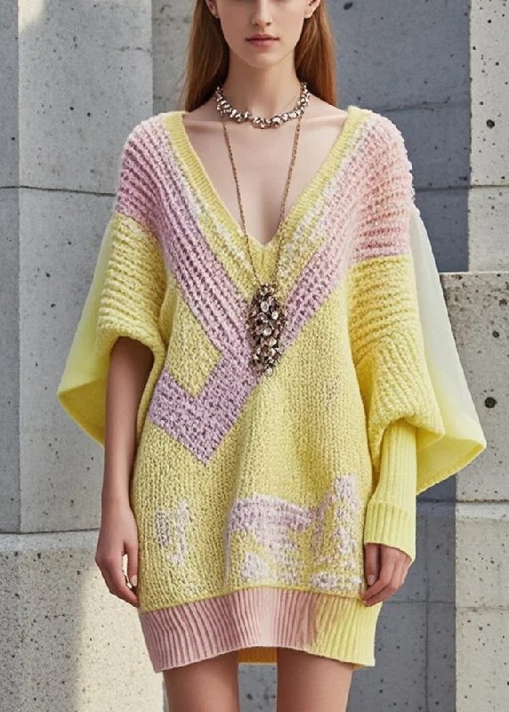 Knee - Length Women's Wool Blend Sweater Dresses in Neutral ColorsWomen Yellow Asymmetrical Patchwork Long Knit Dress Fall Knee - Length Women's Wool Blend Sweater Dresses in Neutral ColorsWomen Yellow Asymmetrical Patchwork Long Knit Dress Fall