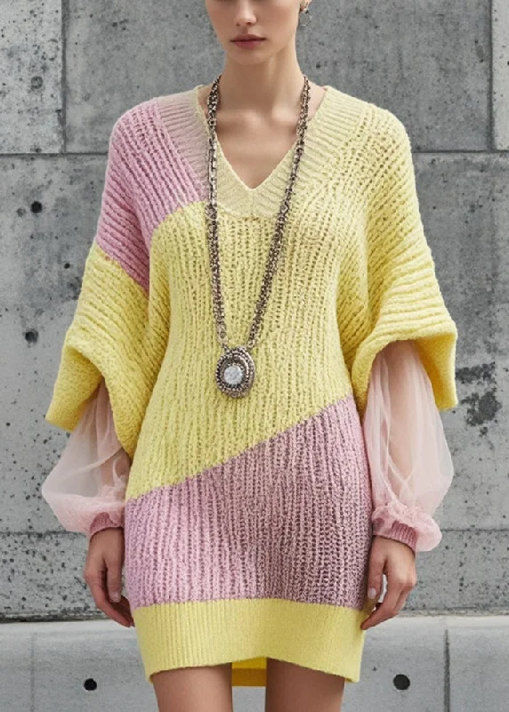 Cowl Neck Women's Cashmere Blend Sweater Dresses for WinterYellow Patchwork Tulle Sweater Dress V Neck Batwing Sleeve Cowl Neck Women's Cashmere Blend Sweater Dresses for WinterYellow Patchwork Tulle Sweater Dress V Neck Batwing Sleeve