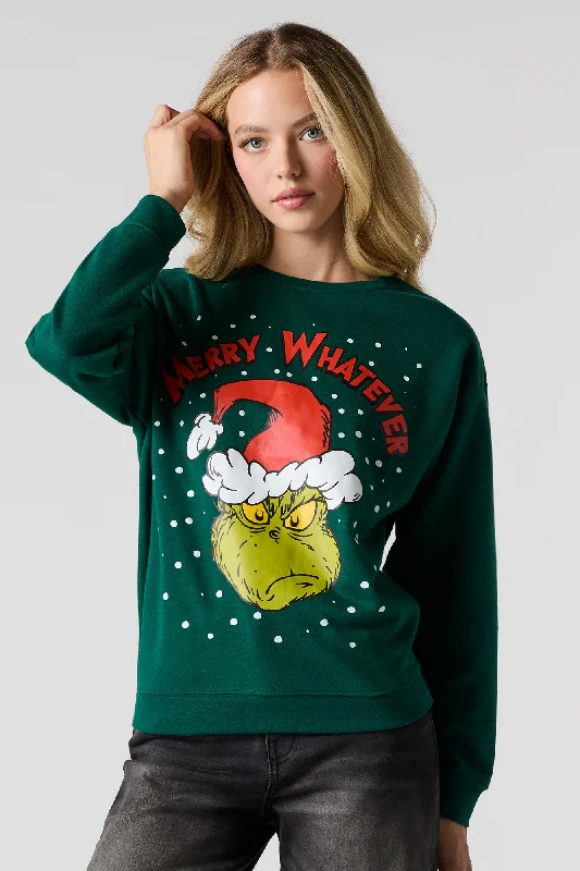 Women's hoodie with a glittery print for a glamorous and sparkly appearanceMerry Whatever Grinch Graphic Fleece Christmas Sweatshirt Women's hoodie with a glittery print for a glamorous and sparkly appearanceMerry Whatever Grinch Graphic Fleece Christmas Sweatshirt
