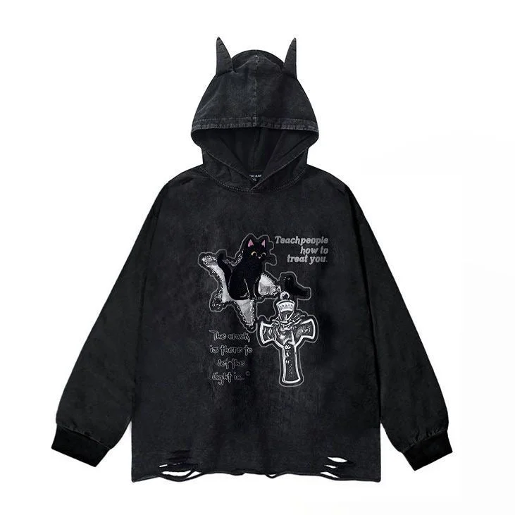 Women's tie - dye hoodie in bright colors for a retro and eye - catching styleAG American Little Devil Washed Hooded Ripped Style Women's tie - dye hoodie in bright colors for a retro and eye - catching styleAG American Little Devil Washed Hooded Ripped Style