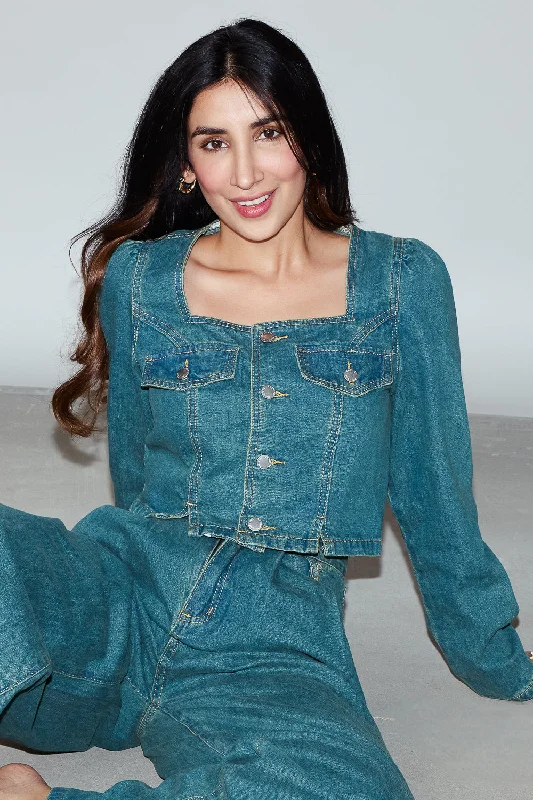 Women's bomber jackets with a holographic finish for a futuristic and eye - catching lookSquare Neck Denim Jacket With Slits Women's bomber jackets with a holographic finish for a futuristic and eye - catching lookSquare Neck Denim Jacket With Slits