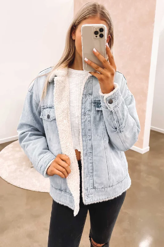 Women's bomber jackets with floral embroidery for a feminine and unique designBowie Sherpa Jacket Light Blue