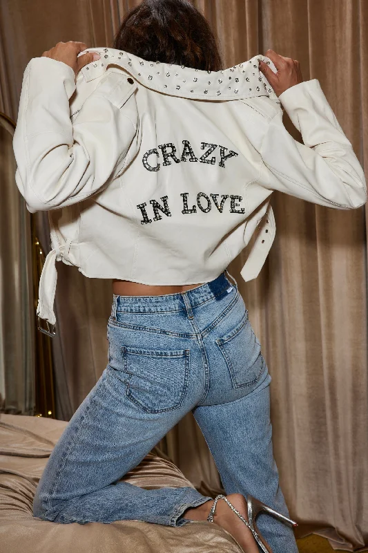 Women's denim jackets with a patchwork design for a bohemian and artsy styleCrazy In Love Ivory Faux Leather Jacket Women's denim jackets with a patchwork design for a bohemian and artsy styleCrazy In Love Ivory Faux Leather Jacket
