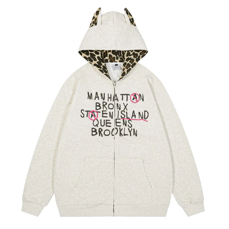 Women's fleece - lined hoodie with thumbholes for warmth in winterDesigner Ear Leopard Print Zip Hoodie Women's fleece - lined hoodie with thumbholes for warmth in winterDesigner Ear Leopard Print Zip Hoodie