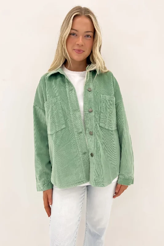 Women's denim jackets with distressed details for a casual and edgy lookEmma Cord Shacket Sage Women's denim jackets with distressed details for a casual and edgy lookEmma Cord Shacket Sage