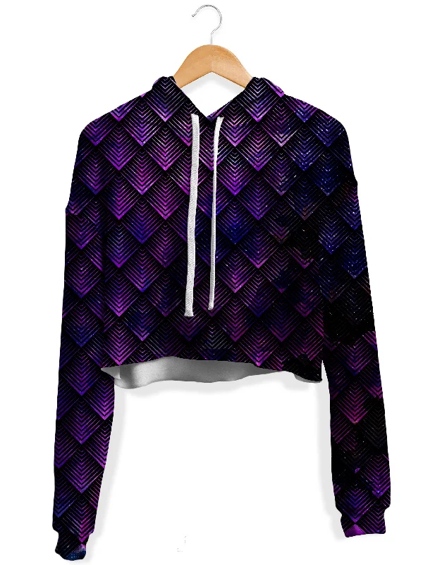 Women's hoodie with a kangaroo pocket and a pom - pom drawstring for added charmGalactic Dragon Scale Purple Fleece Crop Hoodie Women's hoodie with a kangaroo pocket and a pom - pom drawstring for added charmGalactic Dragon Scale Purple Fleece Crop Hoodie