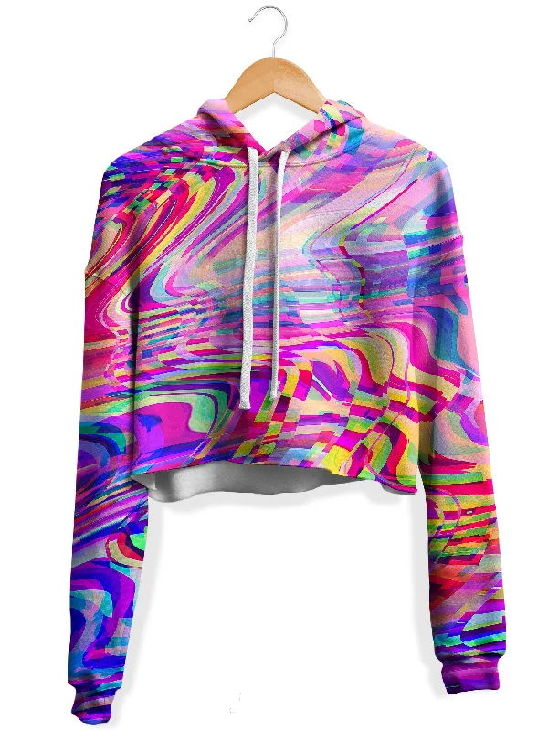 Women's hoodie with a detachable hood for customizable stylingGlitch Waves Fleece Crop Hoodie Women's hoodie with a detachable hood for customizable stylingGlitch Waves Fleece Crop Hoodie