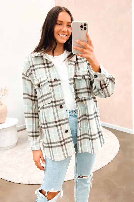 Women's cropped leather jackets with silver zippers for a punk - inspired outfitGracie Shacket Blue Check
