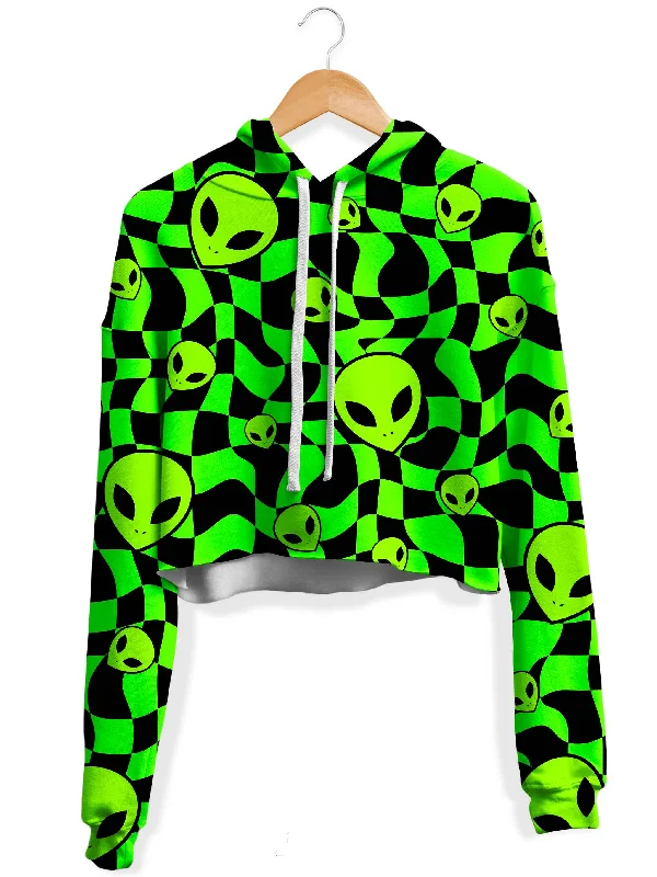 Women's hoodie with a kangaroo pocket and a pom - pom drawstring for added charmGreen Aliens Fleece Crop Hoodie Women's hoodie with a kangaroo pocket and a pom - pom drawstring for added charmGreen Aliens Fleece Crop Hoodie