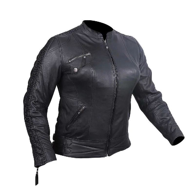 Women's bomber jackets with floral embroidery for a feminine and unique designHML633 Ladies Premium Leather Jacket with Leather Scrunch Sides Women's bomber jackets with floral embroidery for a feminine and unique designHML633 Ladies Premium Leather Jacket with Leather Scrunch Sides