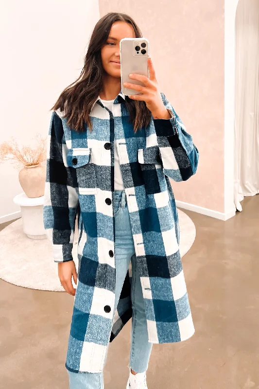 Women's shearling - lined suede jackets for ultimate warmth and luxuryIndi Shacket Blue Check Women's shearling - lined suede jackets for ultimate warmth and luxuryIndi Shacket Blue Check