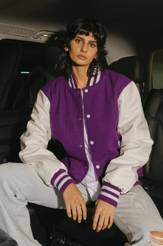 Women's faux fur - trimmed denim jackets for a trendy and cozy styleMardi Gras Varsity Jacket Women's faux fur - trimmed denim jackets for a trendy and cozy styleMardi Gras Varsity Jacket