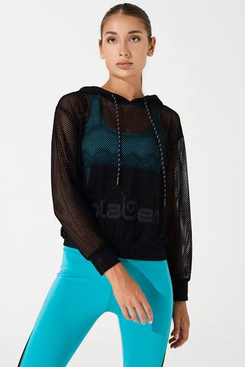 Women's cropped sweatshirt with a lace - trimmed hem for a romantic lookMesh Carlo Hoodie - Black Women's cropped sweatshirt with a lace - trimmed hem for a romantic lookMesh Carlo Hoodie - Black