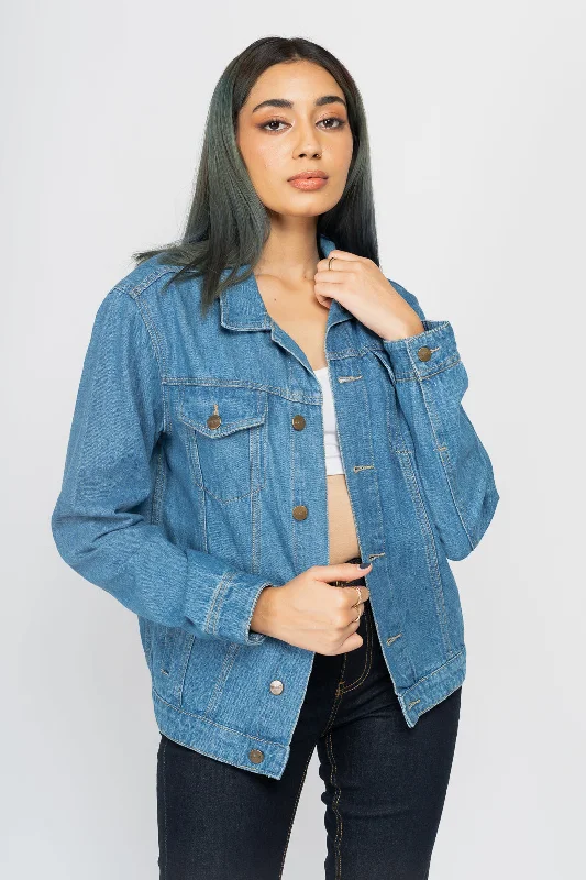 Women's bomber jackets with floral embroidery for a feminine and unique designMid-Blue Denim Trucker Jacket