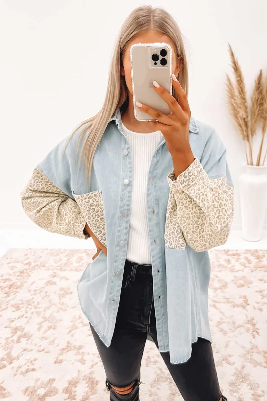 Women's pea coats in a plus - size fit for a flattering and warm winter coatRaelynn Denim Shacket Light Blue Leopard