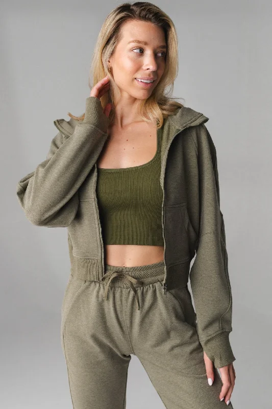 Women's cropped sweatshirt with a lace - trimmed hem for a romantic lookVitality Studio Zip - Matcha Marl Women's cropped sweatshirt with a lace - trimmed hem for a romantic lookVitality Studio Zip - Matcha Marl